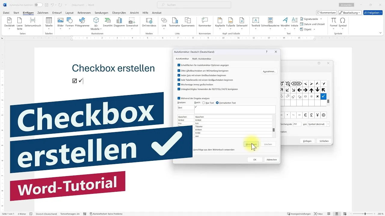 Checkbox oder Häkchen mit Shortcut einfügen – Word-Tutorial