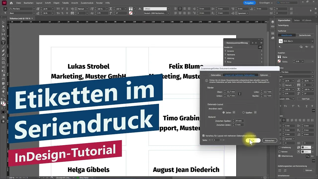 Etiketten-Seriendruck: Mehrere Datensätze auf einer Seite (Datenzusammenführung) – InDesign-Tutorial