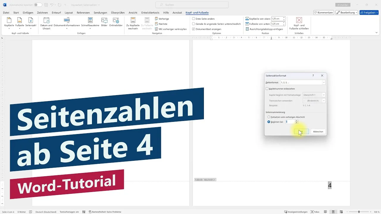 Word Seitenzahlen ab Seite 4 (beginnend mit 1) – Wissenschaftliche Arbeiten in Word